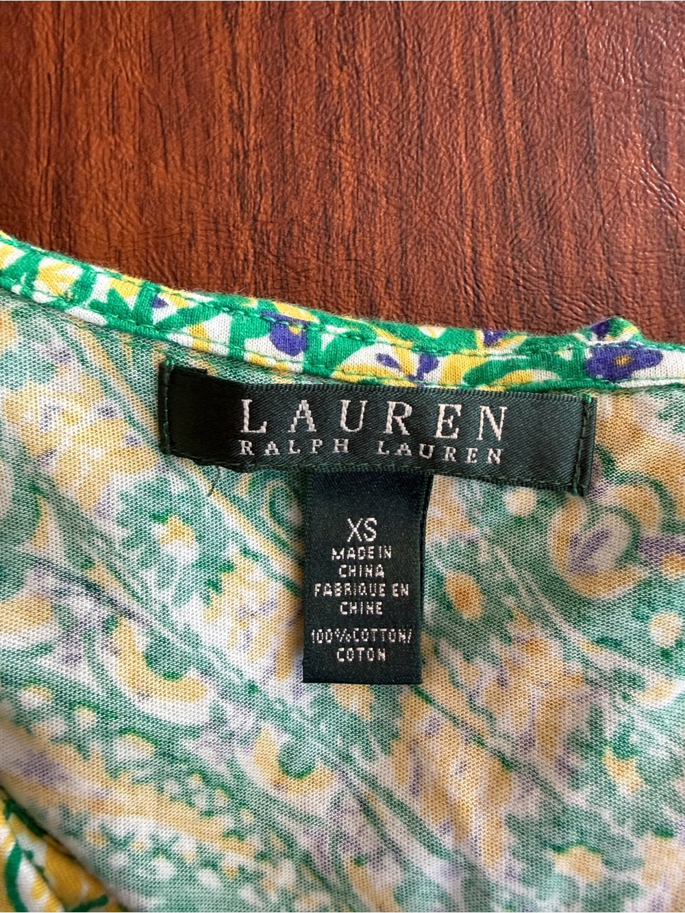 Ralph Lauren Green and Yellow Paisley Ruffle Lined Neck Top - Picture 3 of 3